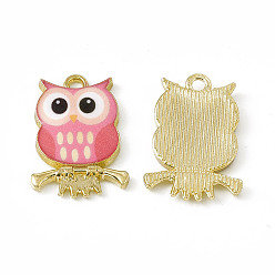 Light Coral Painted Alloy Pendants, Owl Charm, Cadmium Free & Nickel Free & Lead Free, Golden, Light Coral, 21.5x15x2.3mm, Hole: 2mm