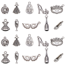 Античное Серебро 100 шт 10 стили подвески из сплава в тибетском стиле, брелоки, без свинца и без кадмия, маска и обувь и бутылка вина и платье и шляпа, античное серебро, 12~27.5x6.5~31x1.8~9 мм, отверстие : 1.2~3 мм, 10 шт / стиль