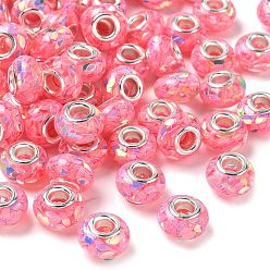 Pink Прозрачные европейские бусины-рондель из смолы, с пайетками в виде конского глаза и латунными сердечниками платинового тона, бусины с большим отверстием, розовые, 14x8.5 мм, отверстие : 5 мм