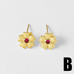 Темно-Красный Серьги-гвоздики из латуни и кубического циркония, цветок, золотые, темно-красный, 11 мм
