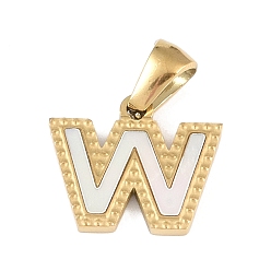 Letter W Подвески с алфавитом из натуральной белой ракушки, ионное покрытие (IP) настоящее 18 позолоченное 304 подвески из нержавеющей стали, Буква W, 12.5x15x1.5 мм, отверстие : 5x3 мм