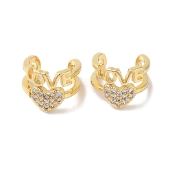 Golden Heart & Word Love Brass Micro Pave Cubic Zirconia Cuff Earrings for Women, Golden, 11x10mm