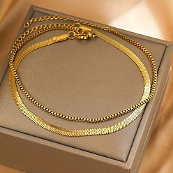 Золотой 304 браслеты на ногу из двухслойной плоской цепочки-змейки и цепочки-коробки из нержавеющей стали для женщин, золотые, 9-1/4~9-1/2 дюйм (235~240 мм), 2 шт / комплект