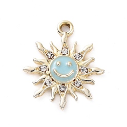 Светло-Голубой Подвески из эмали и сплава, с кристально горный хрусталь, улыбающееся солнце прелести, золотые, Небесно-голубой, 22.5x19.5x2.5 мм, отверстие : 2 мм