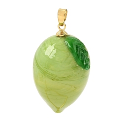 Lime Green Handmade Lampwork Pendants, with Brass, Lemon Charms, Golden, Lime Green, 32x19.5x20mm, Hole: 4.5x3mm