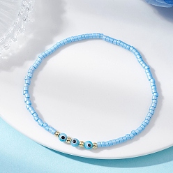 Светло-Голубой Стеклянный бисер стрейч браслеты, Украшения из круглых бусин в технике лэмпворк с изображением сглаза для женщин, Небесно-голубой, бусины : 4~4.5 мм и 2.5x2 мм, внутренний диаметр: 2.22 дюйм (5.65 см)