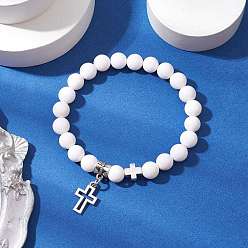 Малайский Нефрит Браслеты из натуральных малайзийских жадеитов с круглыми бусинами, Браслеты-кресты из сплава в тибетском стиле для женщин и мужчин, внутренний диаметр: 2-1/4 дюйм (5.7 см)