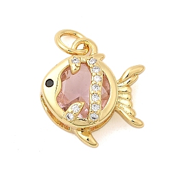Pink Латунные микро проложить кубического циркония подвески, со стеклом, рыбы прелести, без кадмия и без свинца, стойки покрытие, долговечный, реальный 18 k позолоченный, с целью перехода в кольце, розовые, 15x14x6.5 мм, отверстие : 3.5 мм