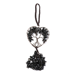Obsidian Wire Wrapped Chips Natural Obsidian Big Pendant Decorations, with Red Copper Plated Brass Wires and Nylon Cord, Heart with Tree of Life, 160mm