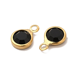Black Ion Plating(IP) 304 Stainless Steel with Glass Charms, Real 18K Gold Plated, Faceted Flat Round, Black, 9.5x6.5x2mm, Hole: 1.5mm