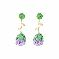 Lilac Bohemia Raffia & Alloy Stud Dangle Earrings, Flower, Golden, Lilac, 75x25mm
