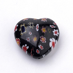 Black Handmade Millefiori Lampwork Beads, Heart, Black, 21~22x21~22x10.5~11mm, Hole: 1mm