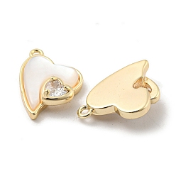 Real 18K Gold Plated Natural Freshwater Shell Pendants, Brass Pave Clear Glass Heart Charms, Real 18K Gold Plated, 16.5x12x5mm, Hole: 1.2mm
