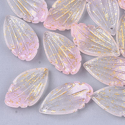 Pink Двухцветные прозрачные стеклянные подвески, с блеском порошок, матовые, лист, розовые, 22.5x12.5x4.5 мм, отверстие : 1 мм