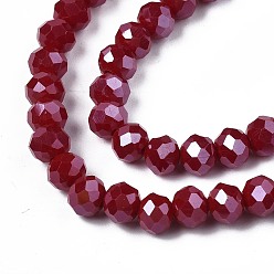 Dark Red Electroplate Glass Beads Strands, Pearl Luster Plated, Faceted, Rondelle, Dark Red, 8x6mm, Hole: 1~1.4mm, about 67~72pcs/strand, 16.14~16.53 inch(41~42cm)