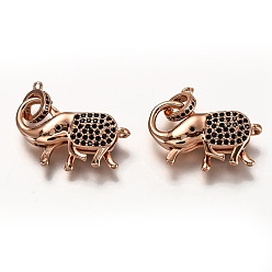 Rose Gold Brass Micro Pave Black Cubic Zirconia Lobster Claw Clasps, with Bail Beads/Tube Bails, Long-Lasting Plated, Elephant, Rose Gold, 17.5x25x6mm, Hole: 1.2mm