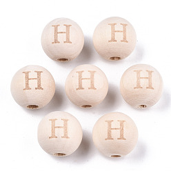 Letter H Unfinished Natural Wood European Beads, Large Hole Beads, Laser Engraved Pattern, Round with Word, Letter.H, 15~16x14~15mm, Hole: 4mm