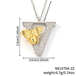 Letter V Подвеска в виде пчелы с микропаве из прозрачного кубического циркония в виде микрофибры, латунная, с инициалами., платиной и золотом, Буква V, 15.75 дюйм (40 см), Кулон : 29x26 мм