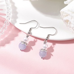 Аквамарин Круглые серьги-подвески из натурального аквамарина, с бусинами из АБС-пластика, имитирующими жемчуг, и колпачками для бусин в тибетском стиле, и 304 крючками для сережек из нержавеющей стали, старинное серебро и платина, 36.5x10 мм