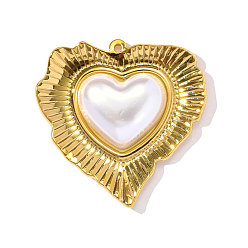 Белый 304 подвески из нержавеющей стали, сердце прелести, с ABS имитации жемчуга, ионное покрытие (ip), реальный 18 k позолоченный, белые, 38x38 мм