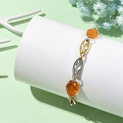 Золотой & Цвет Нержавеющей Стали Двухцветные 304 браслеты из нержавеющей стали с перекрестными звеньями, Браслеты из натуральных янтарных бусин., золотые и нержавеющая сталь цвет, 7.09 дюйм (18 см)