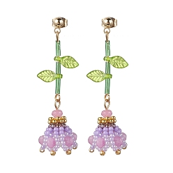Plum Dyed Natural Malaysia Jade Dangle Stud Earrings, Glass Seed & Acrylic Flower of Life Long Drop Earrings, Plum, 55x17mm