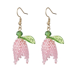 Золотой Болтаться серьги стекло цветок, с акриловым листом и 304 крючками для сережек из нержавеющей стали, золотые, 50x22 мм