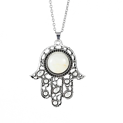 Quartz Crystal Natural Quartz Crystal Pendant Necklaces, Stainless Ssteel Cable Chains, Hamsa Hand, 19.69 inch(50cm)