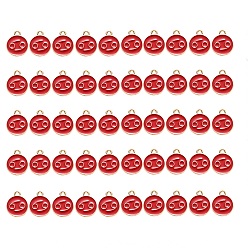 Cancer Alloy Enamel Pendants, Flat Round with Constellation, Light Gold, Red, Cancer, 15x12x2mm, Hole: 1.5mm, 50pcs/Box