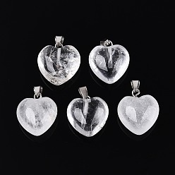 Хрусталь Природного кварца хрустальных подвесок, сердце прелести, с железной застежкой платинового цвета на дужках, 16~19x15~18x8~10.5 мм, отверстие : 5.5~6x2~2.5 мм
