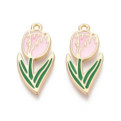 Розовый Подвески из эмали и сплава, , золотые, без кадмия, без никеля и без свинца, туманная роза, 25x11.5x1.5 мм, отверстие : 1.4 мм