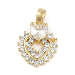 Сердце Латунные микропаве прозрачные подвески с фианитом, без кадмия, без никеля и без свинца, со стеклом, реальный 18 k позолоченный, сердце, 18.5x15.5x3.5 мм, отверстие : 4x3.5 мм