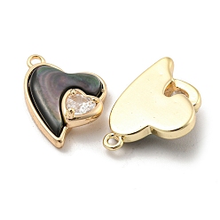 Real 18K Gold Plated Natural Black Lip Shell Pendants, Brass Pave Clear Glass Heart Charms, Real 18K Gold Plated, 16.5x12x5mm, Hole: 1.2mm