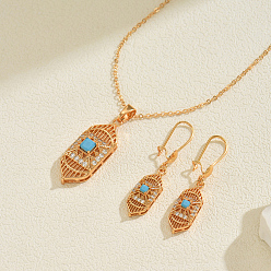 Золотой Комплекты серег и ожерелий из шестиугольной латуни с микропаве из прозрачных кубических цирконий для женщин, с синтетическими бирюзовый, золотые, ожерелья: 17.52 дюйм (44.5 см), серьга: 2.01x0.35 дюйм(5.1x0.9см)