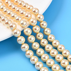 Бледно-Золотистый УФ-покрытие перламутровые стеклянные жемчужные бусины нити, имитация Австрийские кристаллические шарики, круглые, бледно золотарник, 8 мм, отверстие : 0.7 мм, около 51~52 шт / нитка, 15.35~15.75 дюйм (39~39.5 см)