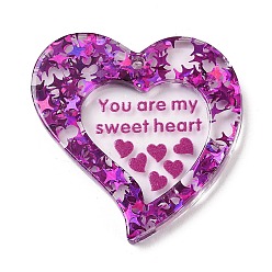 Фиолетовый Подвески из непрозрачного акрила с принтом ко дню святого валентина, сердце со словом ты мое сладкое сердце, с блестка, фиолетовые, 39.5x38.5x5 мм, отверстие : 2 мм