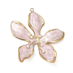 Pink 304 Stainless Steel Enamel Pendants, Flower Charms, with ABS Plastic Imitation Pearl, Ion Plating(IP), Golden, Pink, 43x40x3.5mm, Hole: 2mm