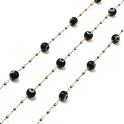 Black Evil Eye Lampwork Beaded Link Chains, with Golden 304 Stainless Steel Paperclip Chains, Soldered, with Spool, Black, 6mm, 2mm, about 32.81 Feet(10m)/Roll