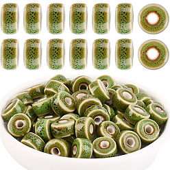 Светло-зеленый Коричневый 64шт. фарфоровые бусины ручной работы, плоско-круглые, оливковый, 9.5~10x6 мм, отверстие : 3 мм