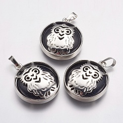 Blue Goldstone Synthetic Blue Goldstone Pendants, with Platinum Tone Brass Findings, Flat Round with Owl, 31.5x27x6mm, Hole: 5x8mm