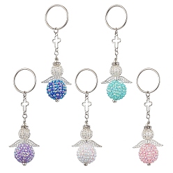 Mixed Color Seed Beads Keychain, with Iron Split Key Rings and Resin Rhinestone Beads, Angel, Mixed Color, 9.3cm