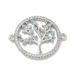 Platinum Brass Micro Pave Cubic Zirconia Links, Cadmium Free & Lead Free, Flat Round with Tree of Life, Platinum, 24x19x2mm, Hole: 1mm