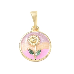 Perle rosa Messing Emaille-Anhänger, flache runde & Blumenanhänger, Gestell, langlebig überzogen, cadmiumfrei und bleifrei, echt 18 k vergoldet, Perle rosa, 15.5x13.5x3.5 mm, Bohrung: 2.5x10 mm