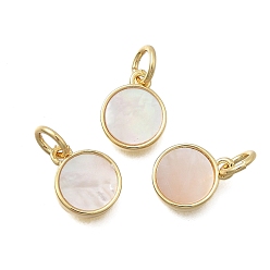 Настоящее золото 18K Плоские круглые подвески из латуни и натуральных ракушек, с прыжковых колец, без кадмия и без свинца, стойки покрытие, долговечный, цвет морской раковины, реальный 18 k позолоченный, 10x8x2 мм, отверстие : 3.2 мм