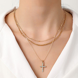 Золотой Крест тема выпускной сплав кристалл горный хрусталь кулон 3 многослойные ожерелья, золотые, 17.72 дюйм (45 см)
