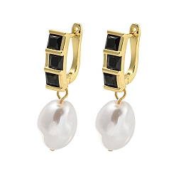 Черный Серьга-кольцо из латуни с микропаве из кубического циркония, без кадмия и без свинца, долговечный, с ABS имитации жемчуга, реальный 18 k позолоченный, овальные, чёрные, 34x11 мм