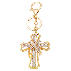 Golden Full Crystal Rhinestone Keychain, Alloy Cross Religious Faith Keychains, Golden, 14.6cm