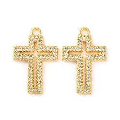 Настоящее золото 18K Латунные микропаве прозрачные подвески с фианитом, крестик, реальный 18 k позолоченный, 21.6x14x1.7 мм, отверстие : 1.8 мм