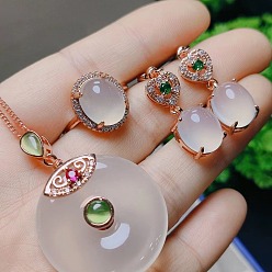 Розовое Золото Ожерелья с подвесками-пончиками из натурального халцедона, овальные серьги-подвески и комплекты колец, розовое золото , 450 мм