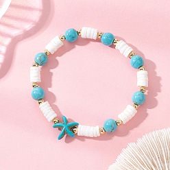 Морская звезда Эластичные браслеты для женщин из натуральных белых ракушек и синтетических бирюзовых бусин., С латунными круглыми бусами, реальный 14 k позолоченный, морская звезда, бусины : 8 мм и 6x1~2 мм, внутренний диаметр: 2.17 дюйм (5.5 см)